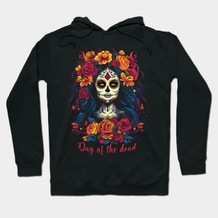 Day of the dead; el Día de Muertos; Mexico; Mexican; sugar skull; beautiful; woman; colorful; bright colors; black shirt; skeleton; celebration; celebrate; party; fiesta; halloween; dark; skull; Hoodie